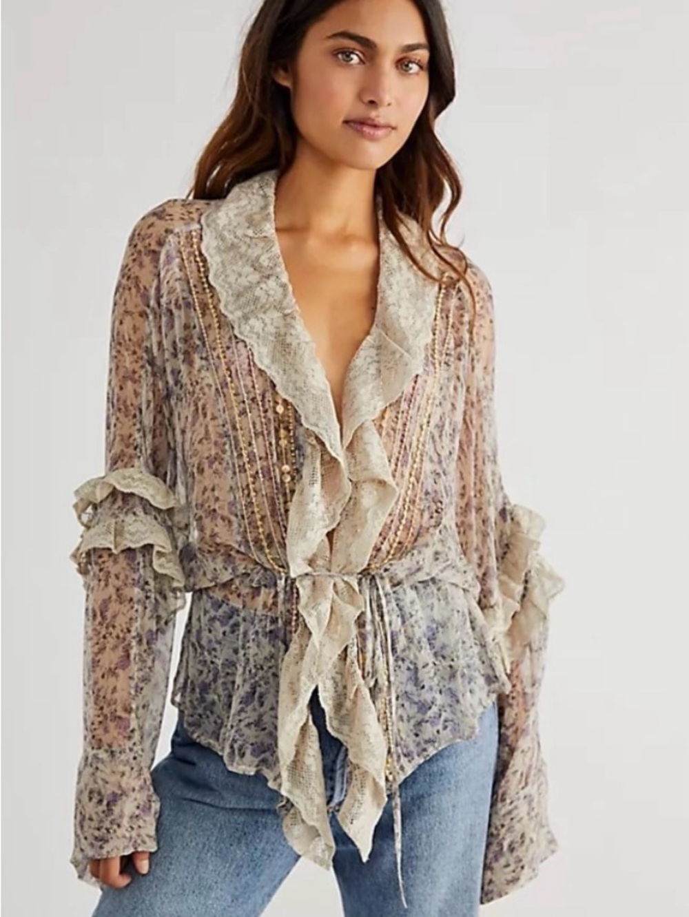 Free People Floral Ruffle Tie-Front Sheer Blouse in Beige and Lavender